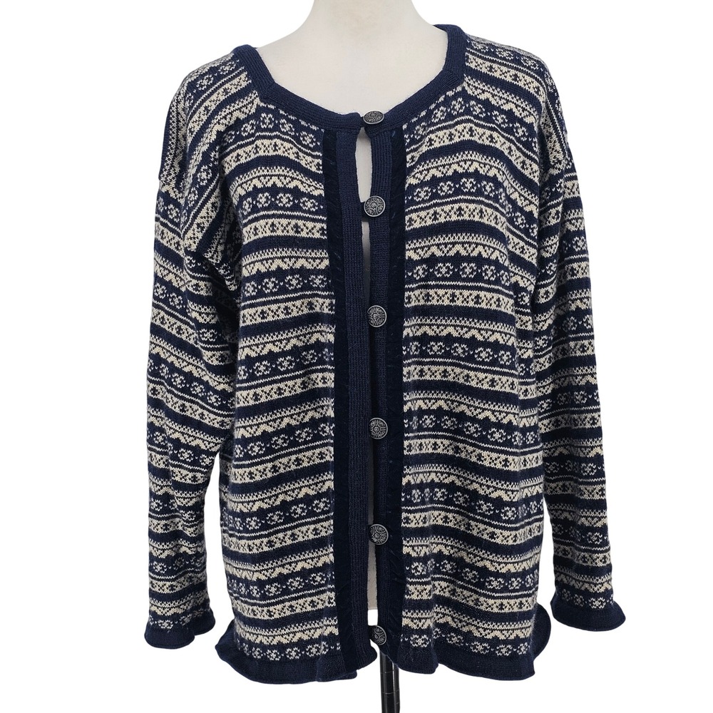 Vintage 80s Norwear Iceland Wool Cardigan L Nordic Fair Isle Velvet Après Ski